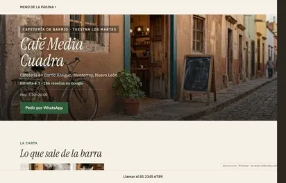 Página de demostración de Café Media Cuadra, cafetería en Barrio Antiguo, Monterrey